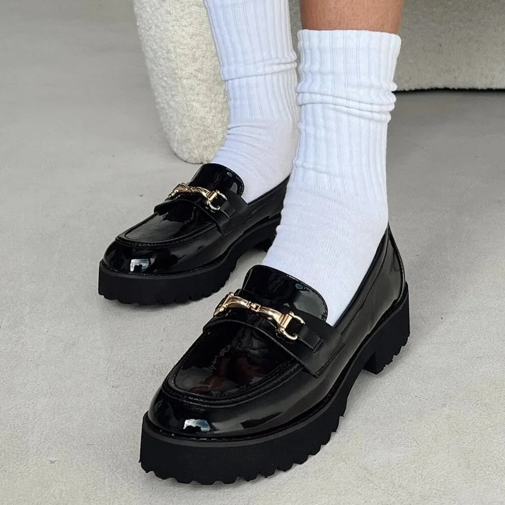 Dream Pairs Black Vegan Patent Leather Platform Loafers Chunky Lug Sole 8.5 7.5‎